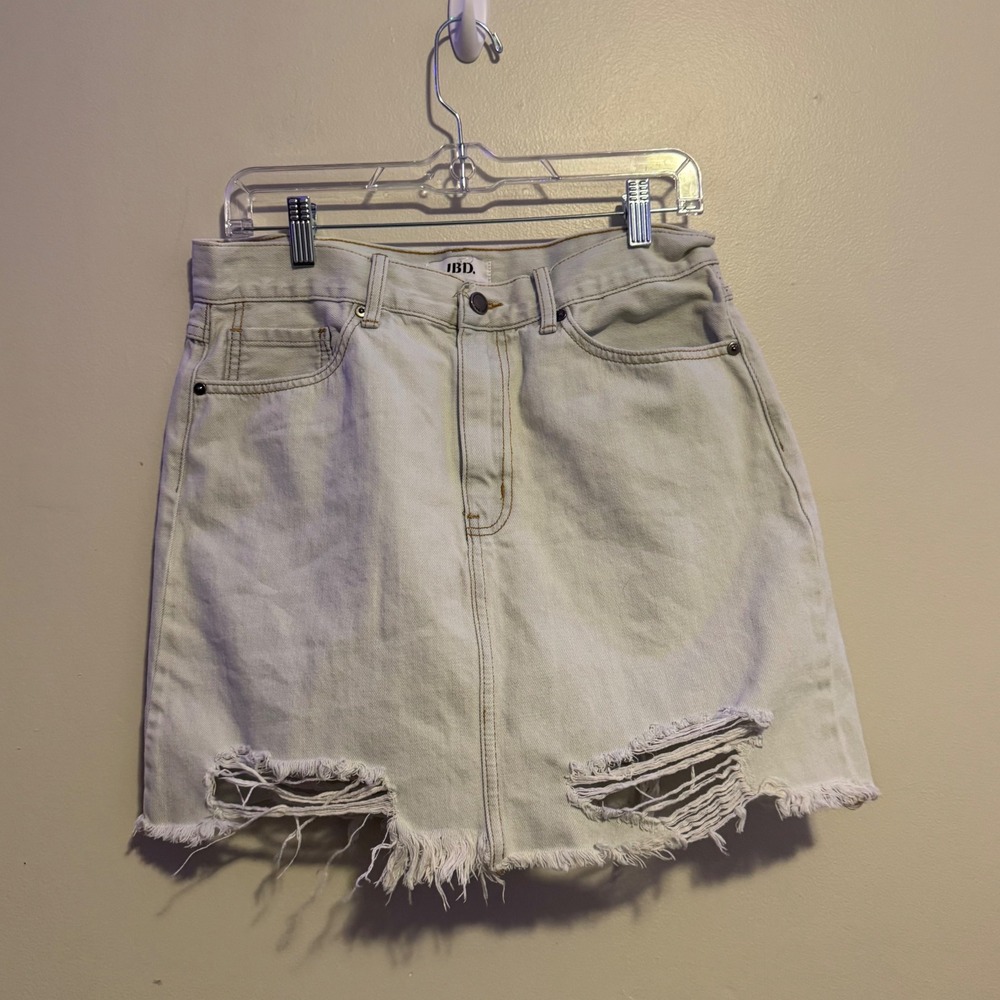 JBD Denim Skirt Distressed Hem Light Wash A Line Mini Size L 100% Cotton Grunge